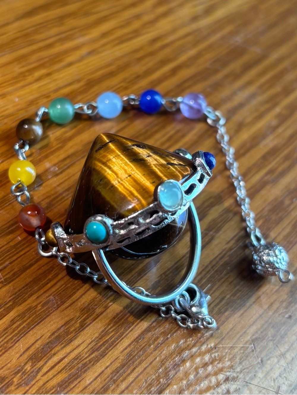 Handcrafted Multicolor Beaded Chakra Chain Tiger's Eye Pendulum